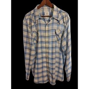 Vintage Big Mac JCPenney Mens Blue Plaid Western Pearl Snap Shirt Long Sleeve